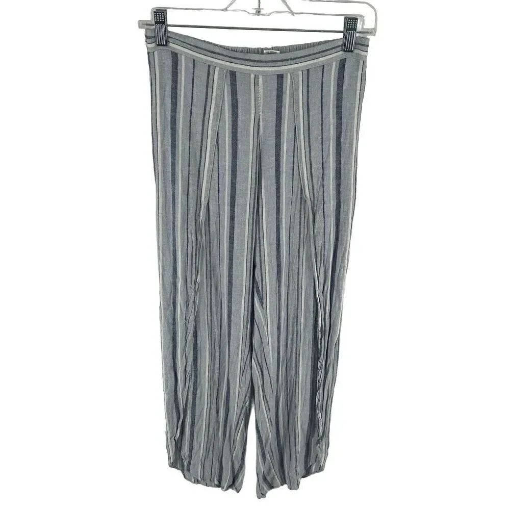 Allison Joy Women's Wide Leg Pants Split Striped Pull On Casual Linen Blue Small